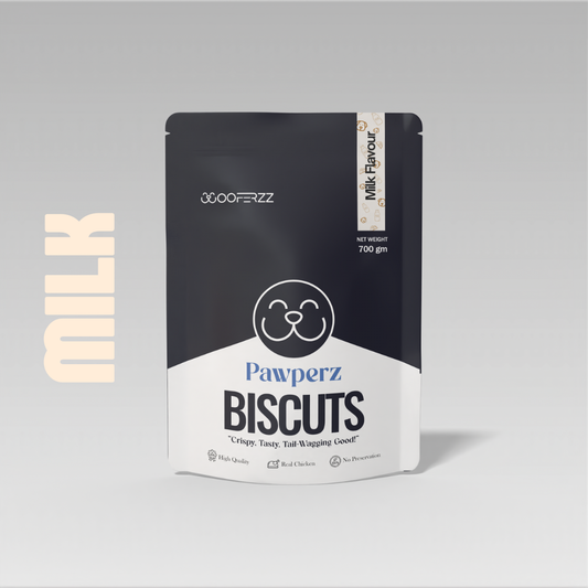Pouch of Pawperz Biscuits with 'Milk Flavour' on a gray background