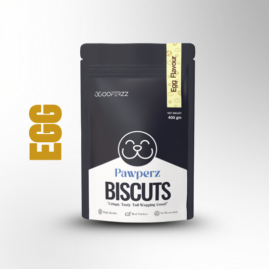 Pawperz Biscuits packaging with 'Egg Flavour' label on a white background