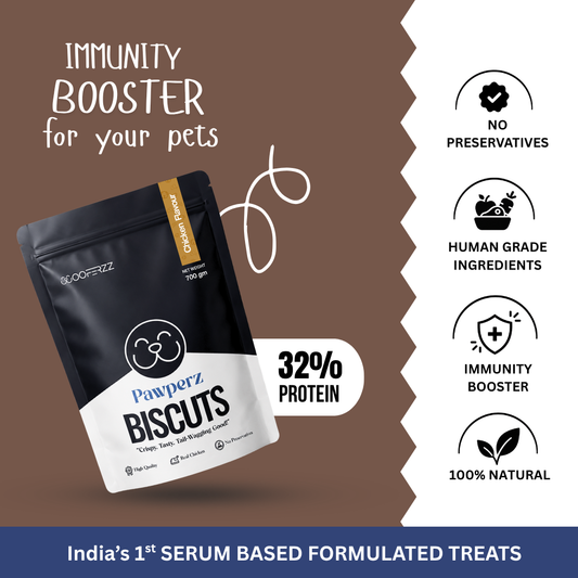 Pawperz Biscuits packaging with text highlighting features on a brown background