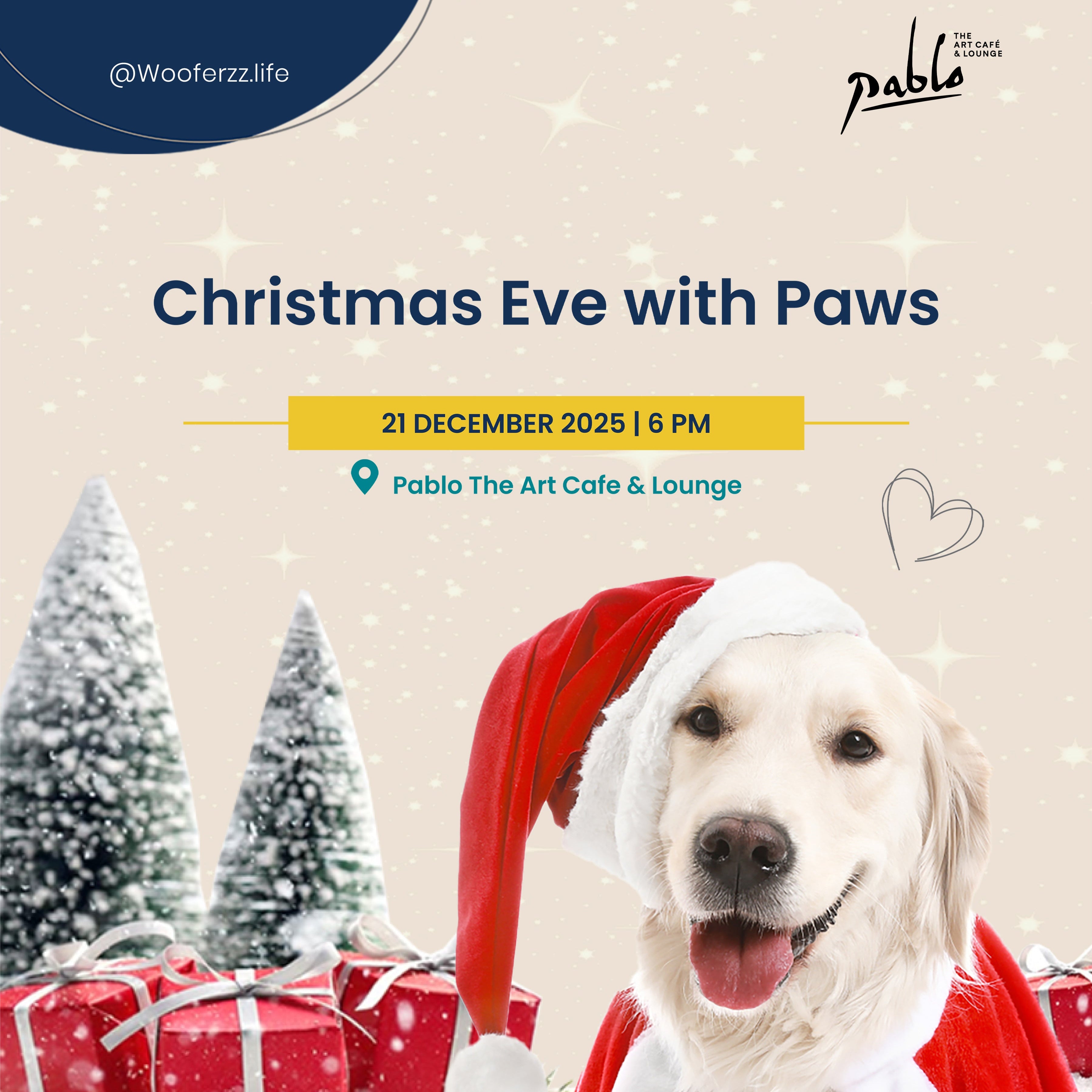 Promotional poster for 'Christmas Eve with Paws' event featuring a dog in a Santa hat and festive decorations.