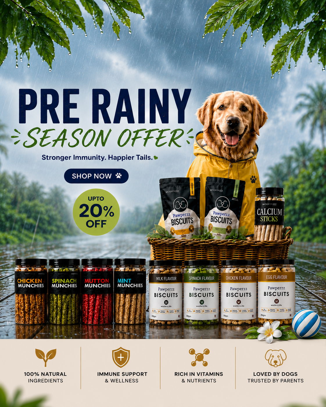Dog in a raincoat with pet food products on a wooden platform, with text about a pre-rainy season offer.